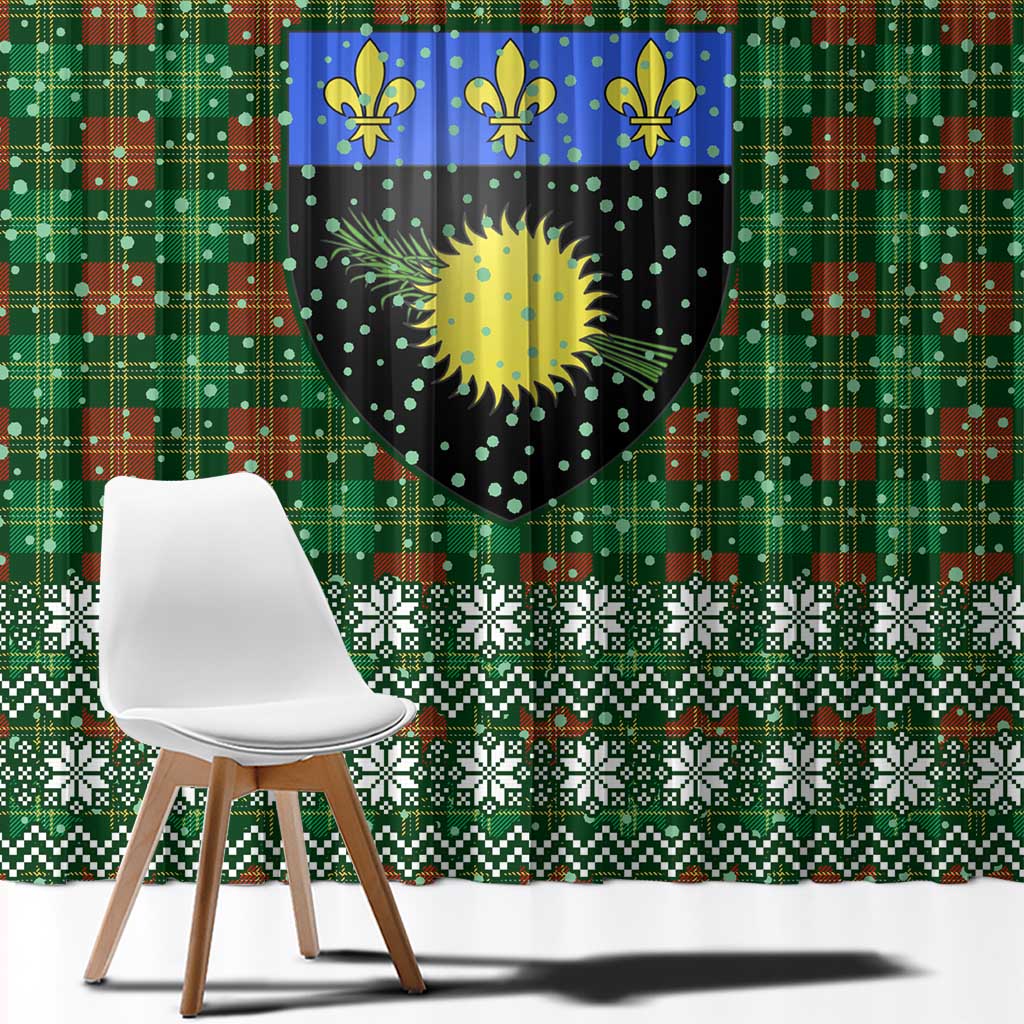 Guadeloupe Christmas Window Curtain with Green-Red Plaid Design, Sun and Sugarcane Emblem, and Santa Sleigh Motif - Wonder Print Shop