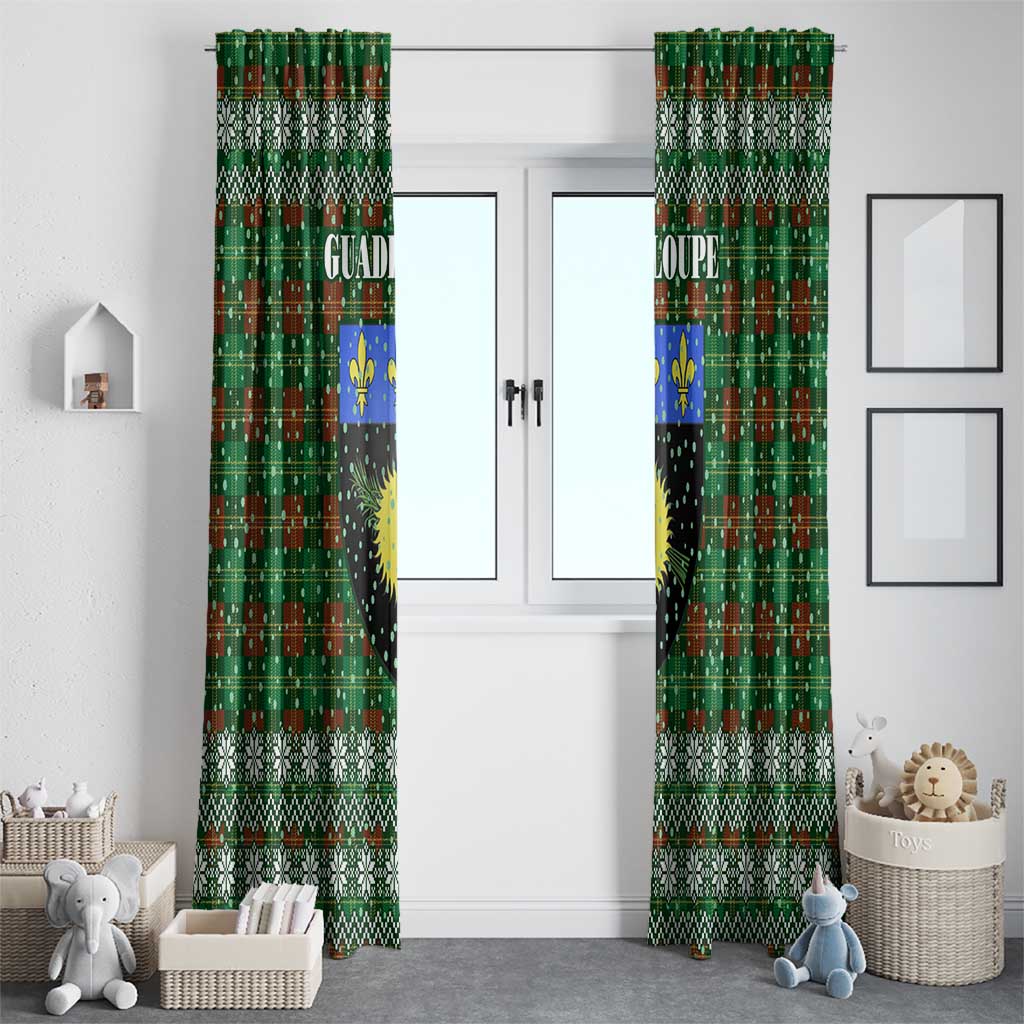 Guadeloupe Christmas Window Curtain with Green-Red Plaid Design, Sun and Sugarcane Emblem, and Santa Sleigh Motif - Wonder Print Shop