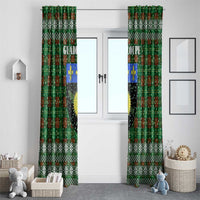 Guadeloupe Christmas Window Curtain with Green-Red Plaid Design, Sun and Sugarcane Emblem, and Santa Sleigh Motif - Wonder Print Shop