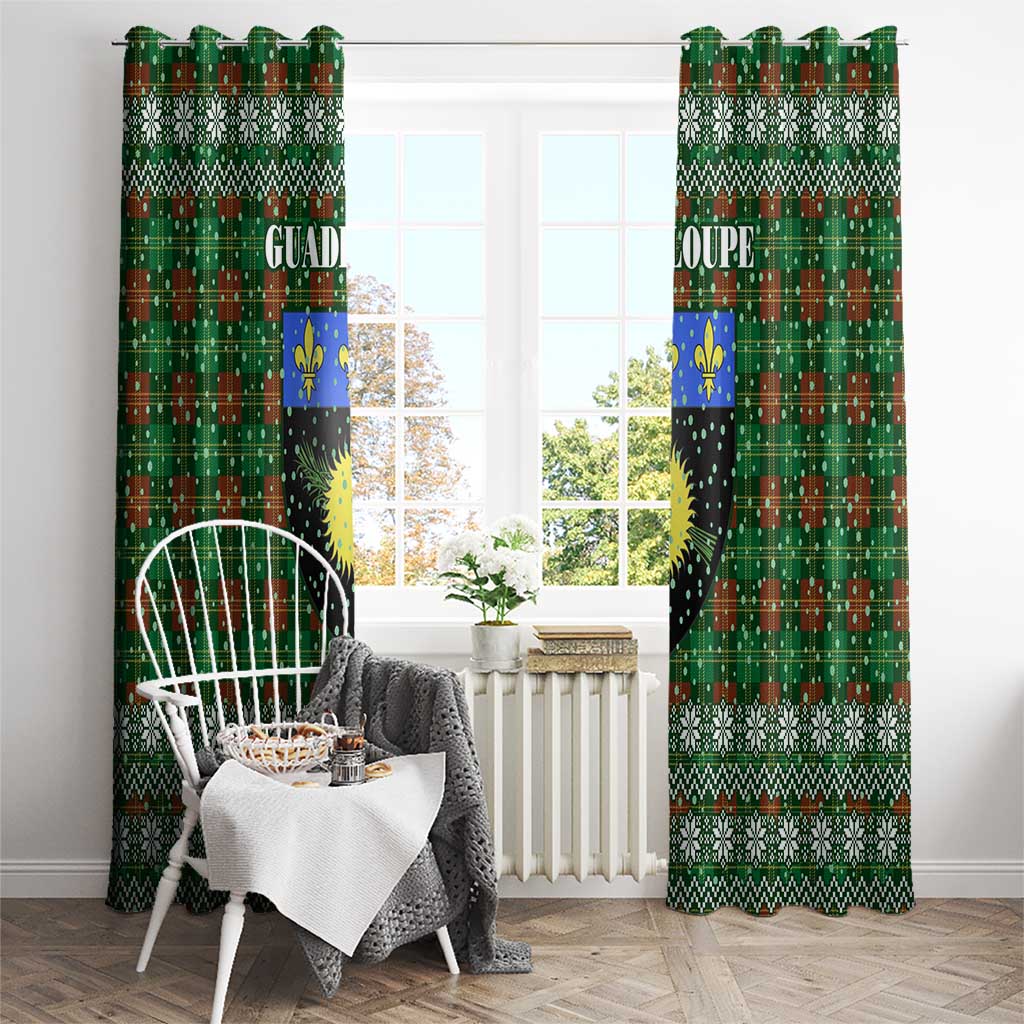 Guadeloupe Christmas Window Curtain with Green-Red Plaid Design, Sun and Sugarcane Emblem, and Santa Sleigh Motif - Wonder Print Shop