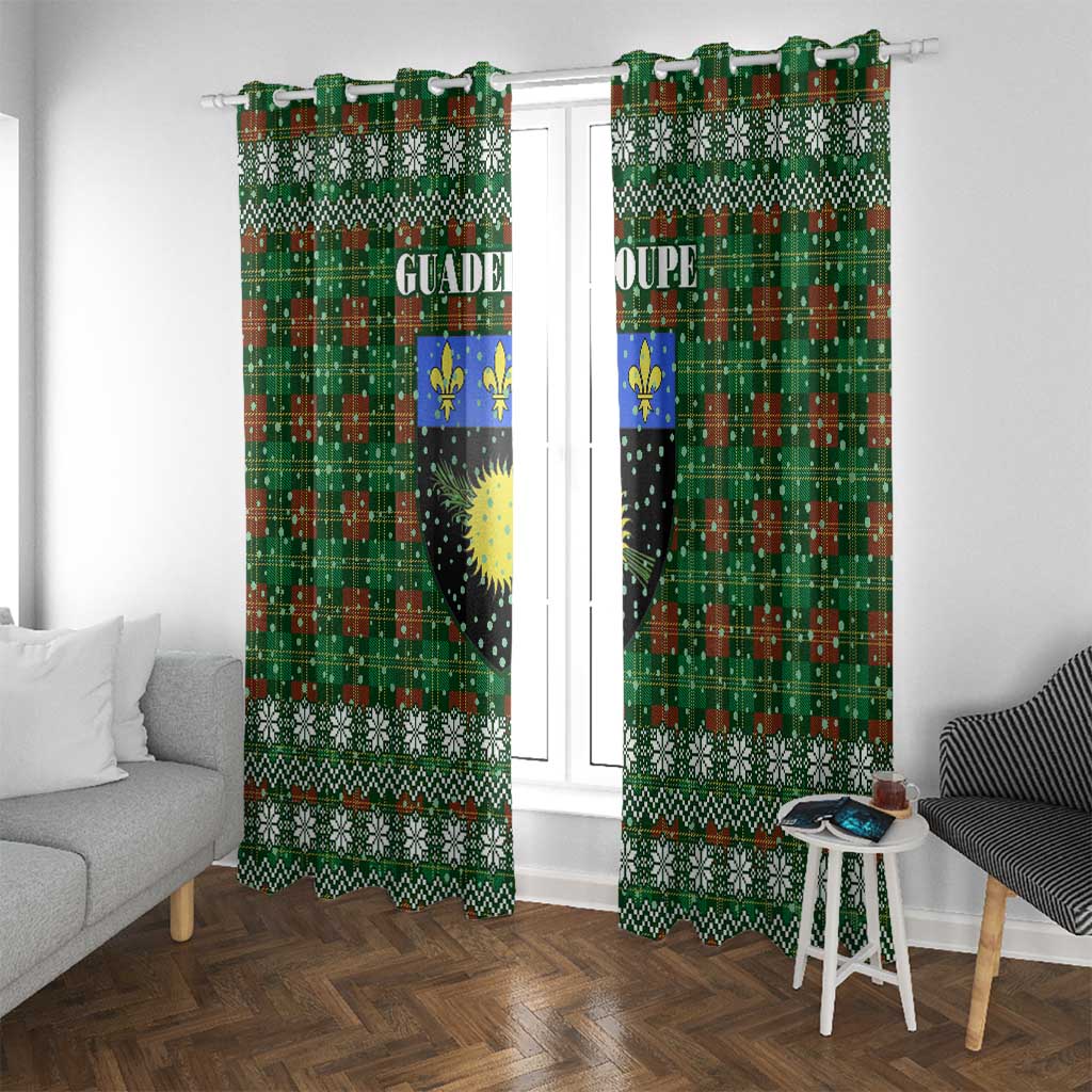 Guadeloupe Christmas Window Curtain with Green-Red Plaid Design, Sun and Sugarcane Emblem, and Santa Sleigh Motif - Wonder Print Shop
