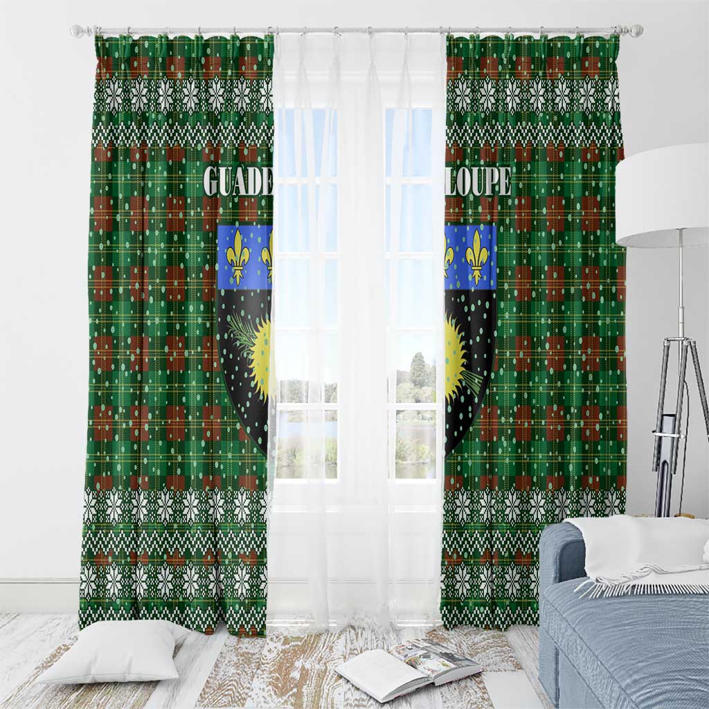 Guadeloupe Christmas Window Curtain with Green-Red Plaid Design, Sun and Sugarcane Emblem, and Santa Sleigh Motif - Wonder Print Shop