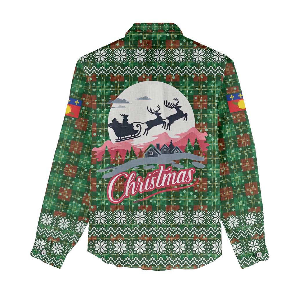 Guadeloupe Christmas Women Casual Shirt with Green-Red Plaid Design, Sun and Sugarcane Emblem, and Santa Sleigh Motif - Wonder Print Shop