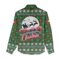 Guadeloupe Christmas Women Casual Shirt with Green-Red Plaid Design, Sun and Sugarcane Emblem, and Santa Sleigh Motif - Wonder Print Shop