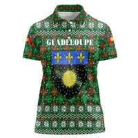 Guadeloupe Christmas Women Polo Shirt with Green-Red Plaid Design, Sun and Sugarcane Emblem, and Santa Sleigh Motif - Wonder Print Shop