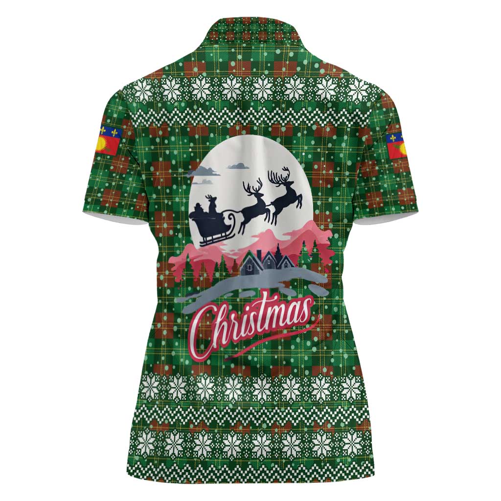 Guadeloupe Christmas Women Polo Shirt with Green-Red Plaid Design, Sun and Sugarcane Emblem, and Santa Sleigh Motif - Wonder Print Shop
