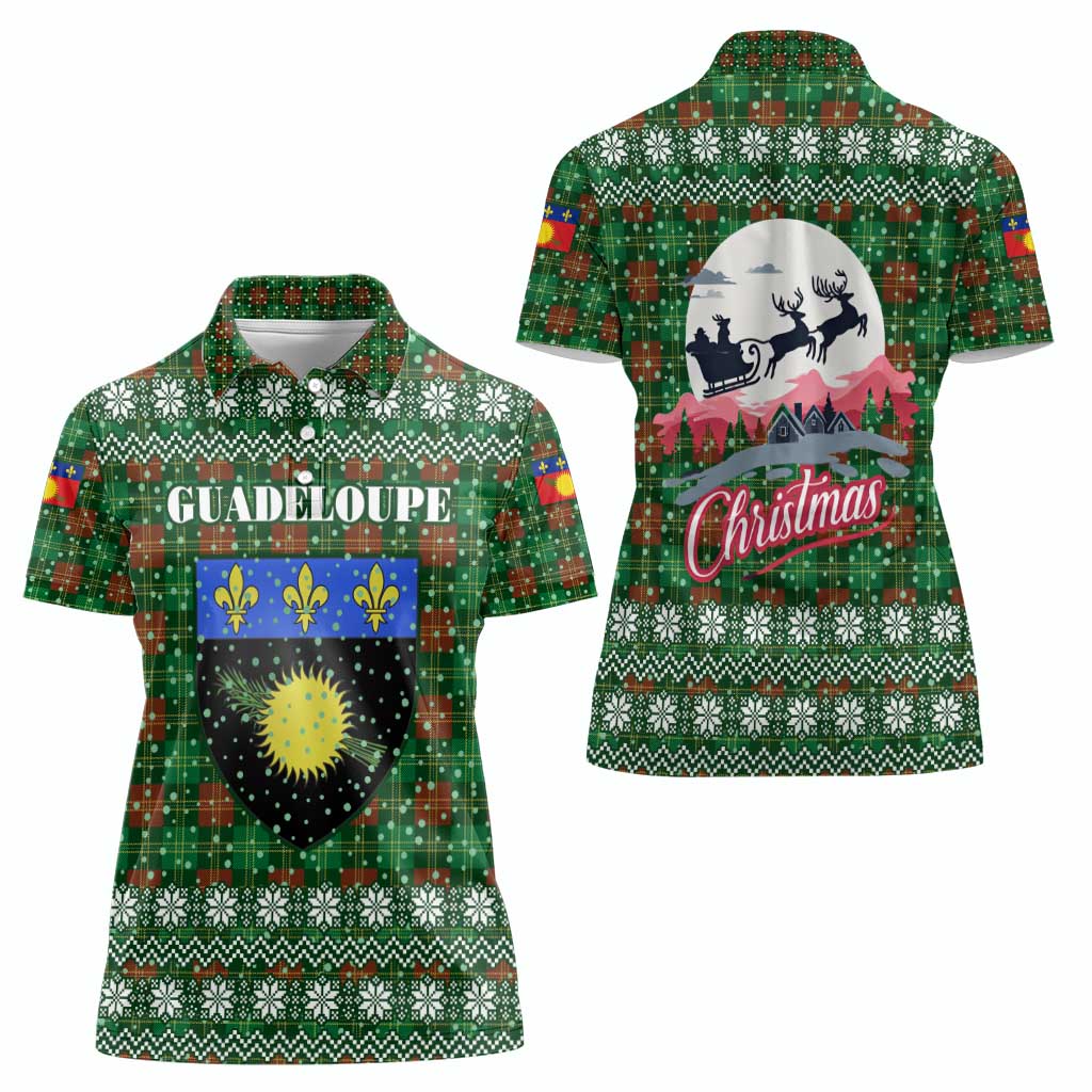Guadeloupe Christmas Women Polo Shirt with Green-Red Plaid Design, Sun and Sugarcane Emblem, and Santa Sleigh Motif - Wonder Print Shop