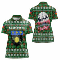 Guadeloupe Christmas Women Polo Shirt with Green-Red Plaid Design, Sun and Sugarcane Emblem, and Santa Sleigh Motif - Wonder Print Shop
