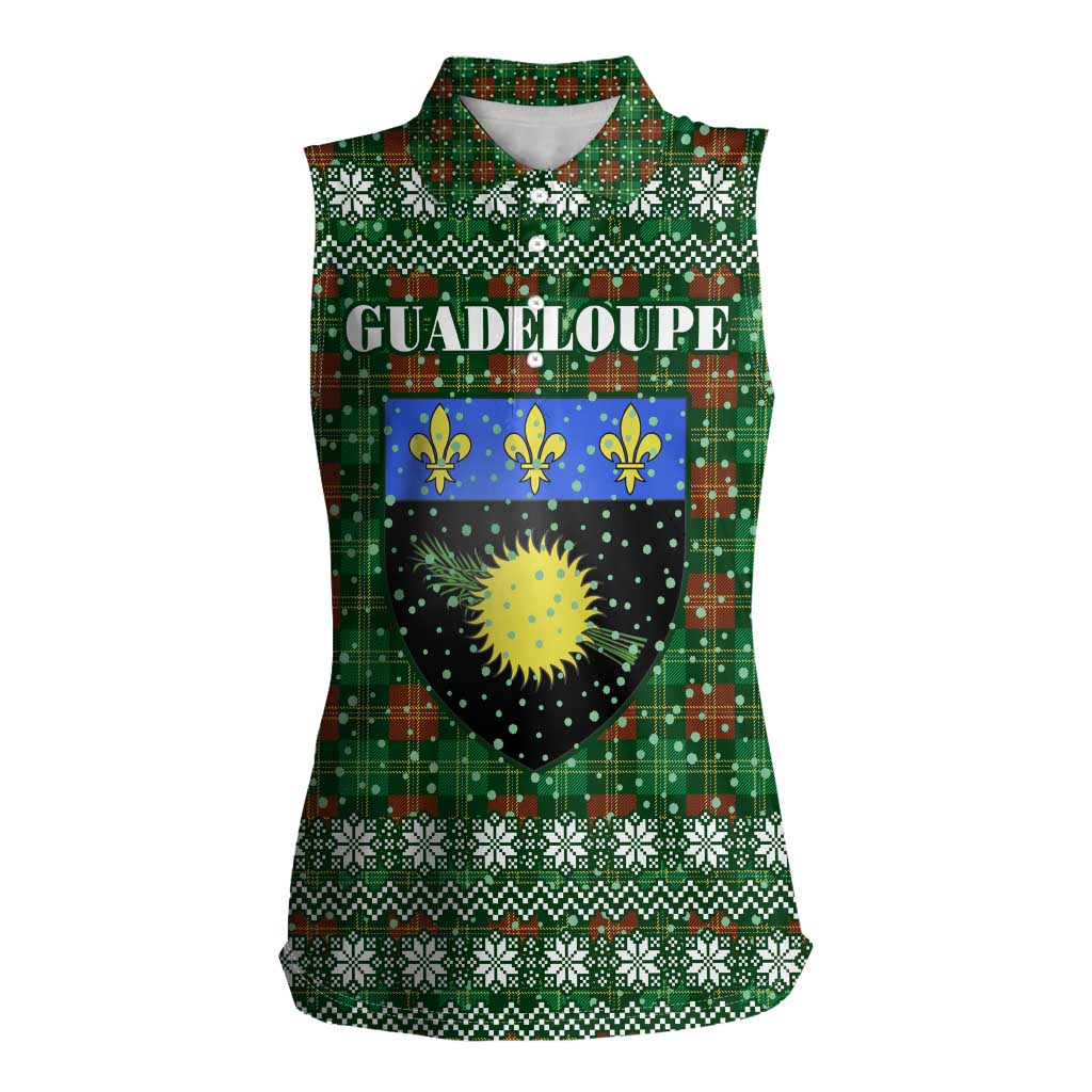 Guadeloupe Christmas Women Sleeveless Polo Shirt with Green-Red Plaid Design, Sun and Sugarcane Emblem, and Santa Sleigh Motif - Wonder Print Shop