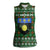 Guadeloupe Christmas Women Sleeveless Polo Shirt with Green-Red Plaid Design, Sun and Sugarcane Emblem, and Santa Sleigh Motif - Wonder Print Shop