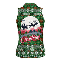 Guadeloupe Christmas Women Sleeveless Polo Shirt with Green-Red Plaid Design, Sun and Sugarcane Emblem, and Santa Sleigh Motif - Wonder Print Shop