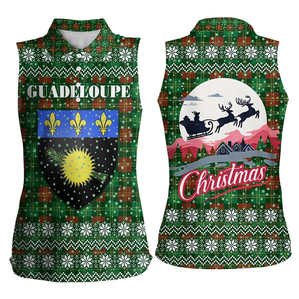 Guadeloupe Christmas Women Sleeveless Polo Shirt with Green-Red Plaid Design, Sun and Sugarcane Emblem, and Santa Sleigh Motif - Wonder Print Shop