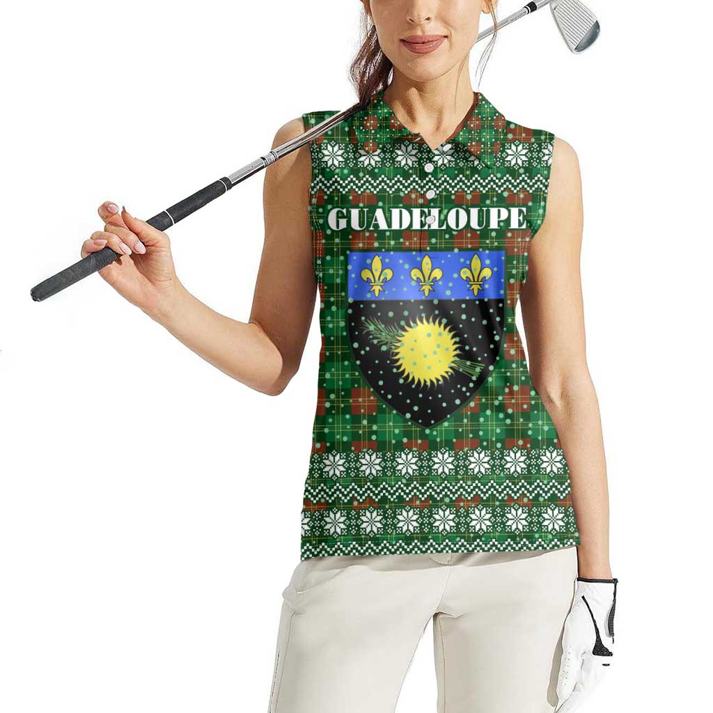 Guadeloupe Christmas Women Sleeveless Polo Shirt with Green-Red Plaid Design, Sun and Sugarcane Emblem, and Santa Sleigh Motif - Wonder Print Shop