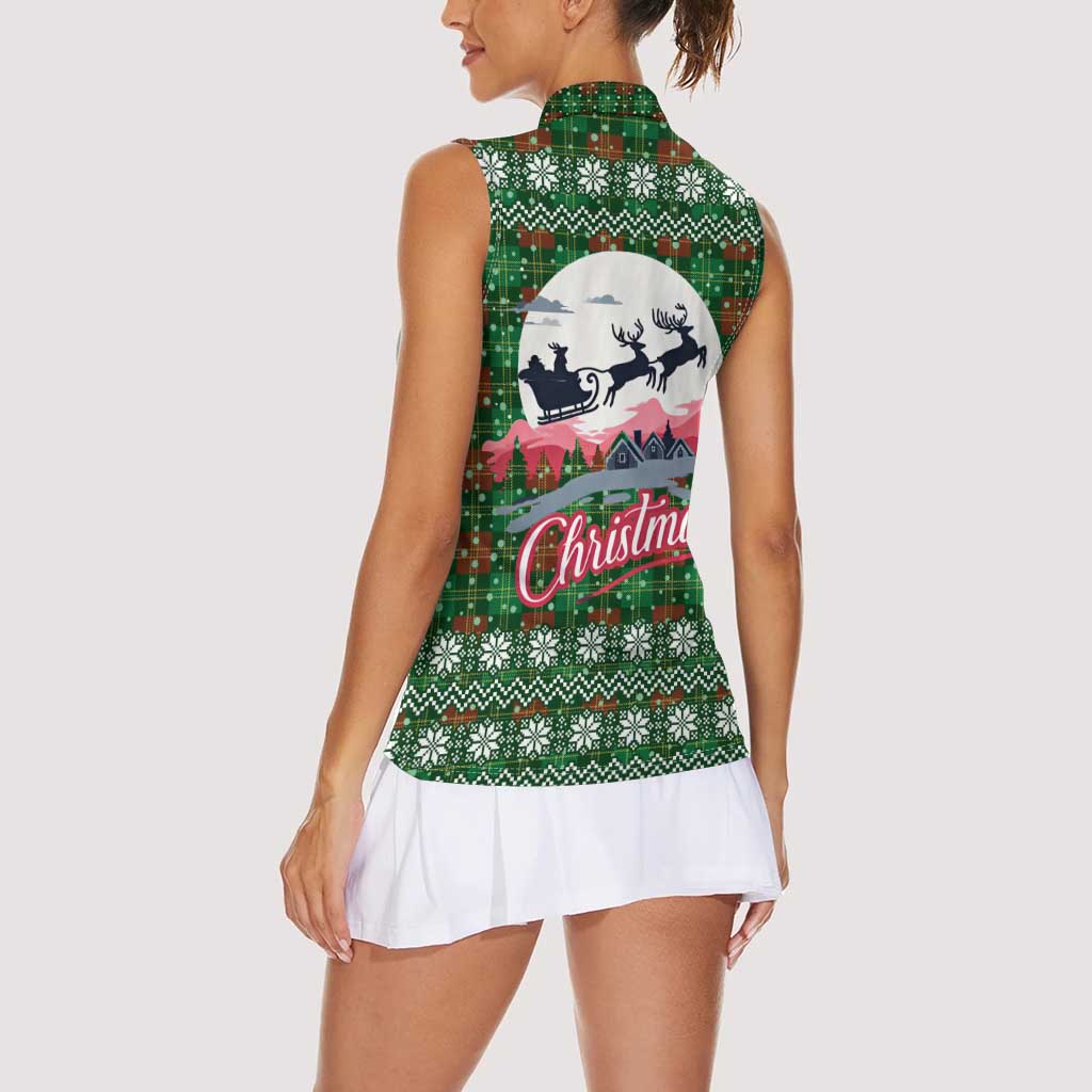 Guadeloupe Christmas Women Sleeveless Polo Shirt with Green-Red Plaid Design, Sun and Sugarcane Emblem, and Santa Sleigh Motif - Wonder Print Shop