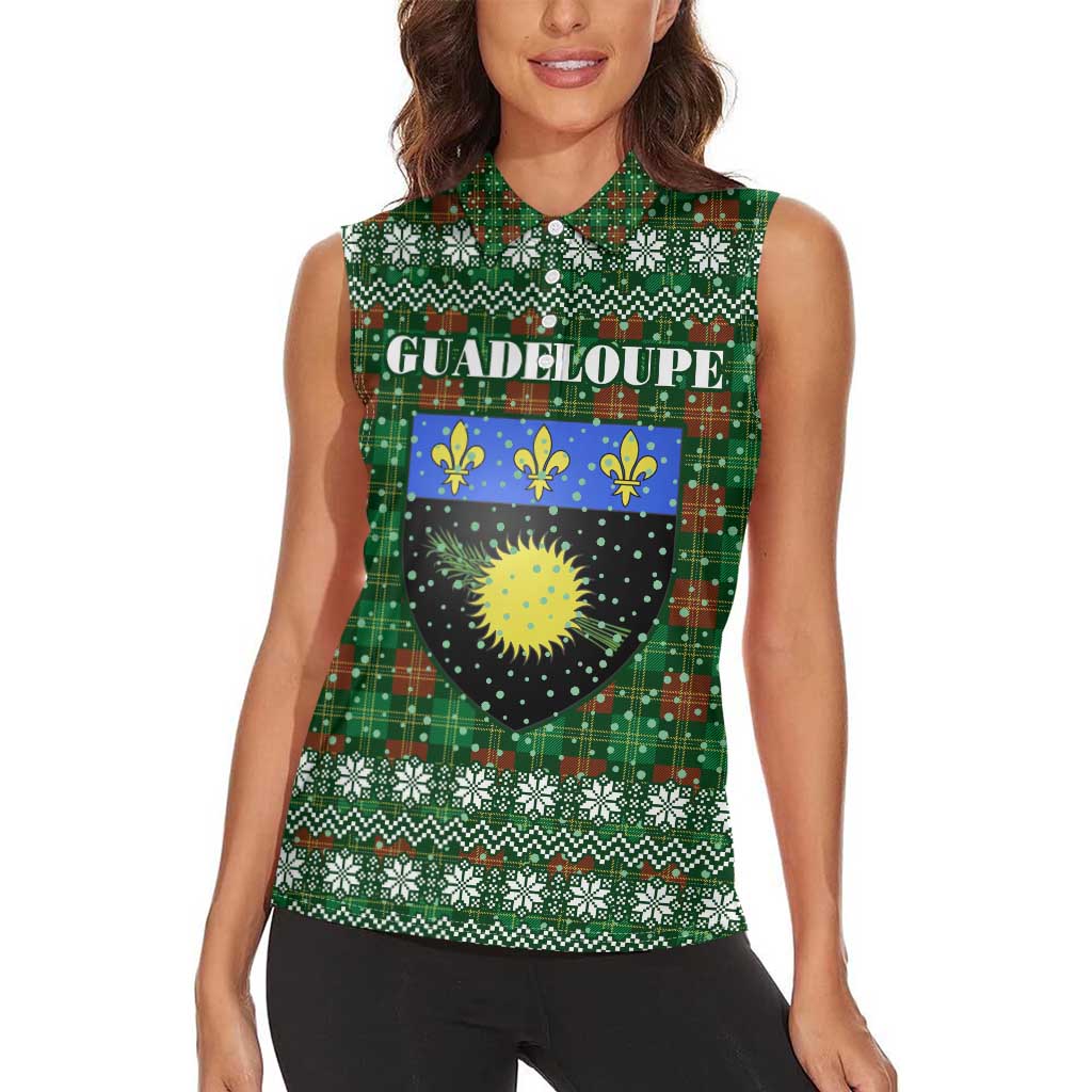 Guadeloupe Christmas Women Sleeveless Polo Shirt with Green-Red Plaid Design, Sun and Sugarcane Emblem, and Santa Sleigh Motif - Wonder Print Shop