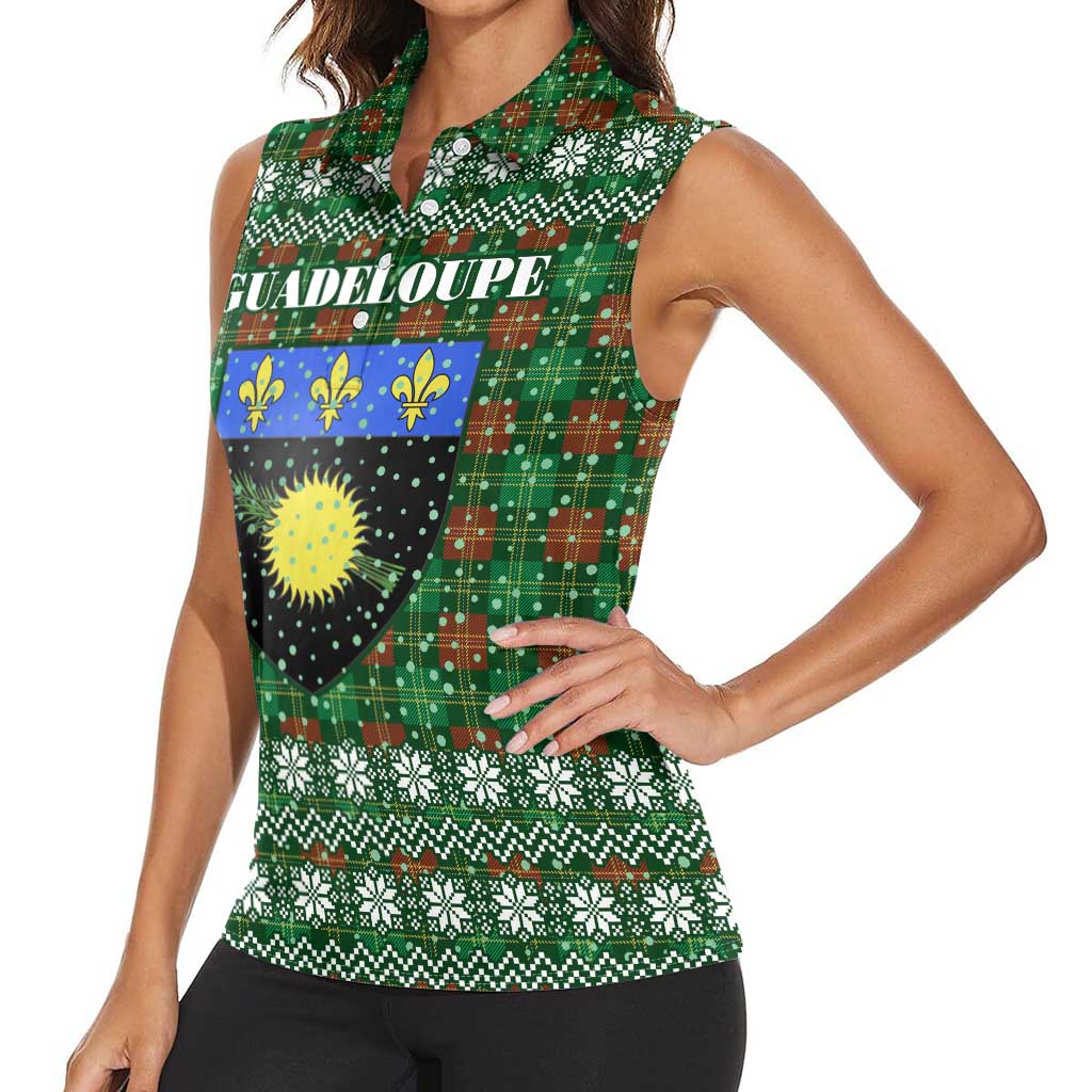 Guadeloupe Christmas Women Sleeveless Polo Shirt with Green-Red Plaid Design, Sun and Sugarcane Emblem, and Santa Sleigh Motif - Wonder Print Shop