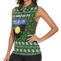 Guadeloupe Christmas Women Sleeveless Polo Shirt with Green-Red Plaid Design, Sun and Sugarcane Emblem, and Santa Sleigh Motif - Wonder Print Shop