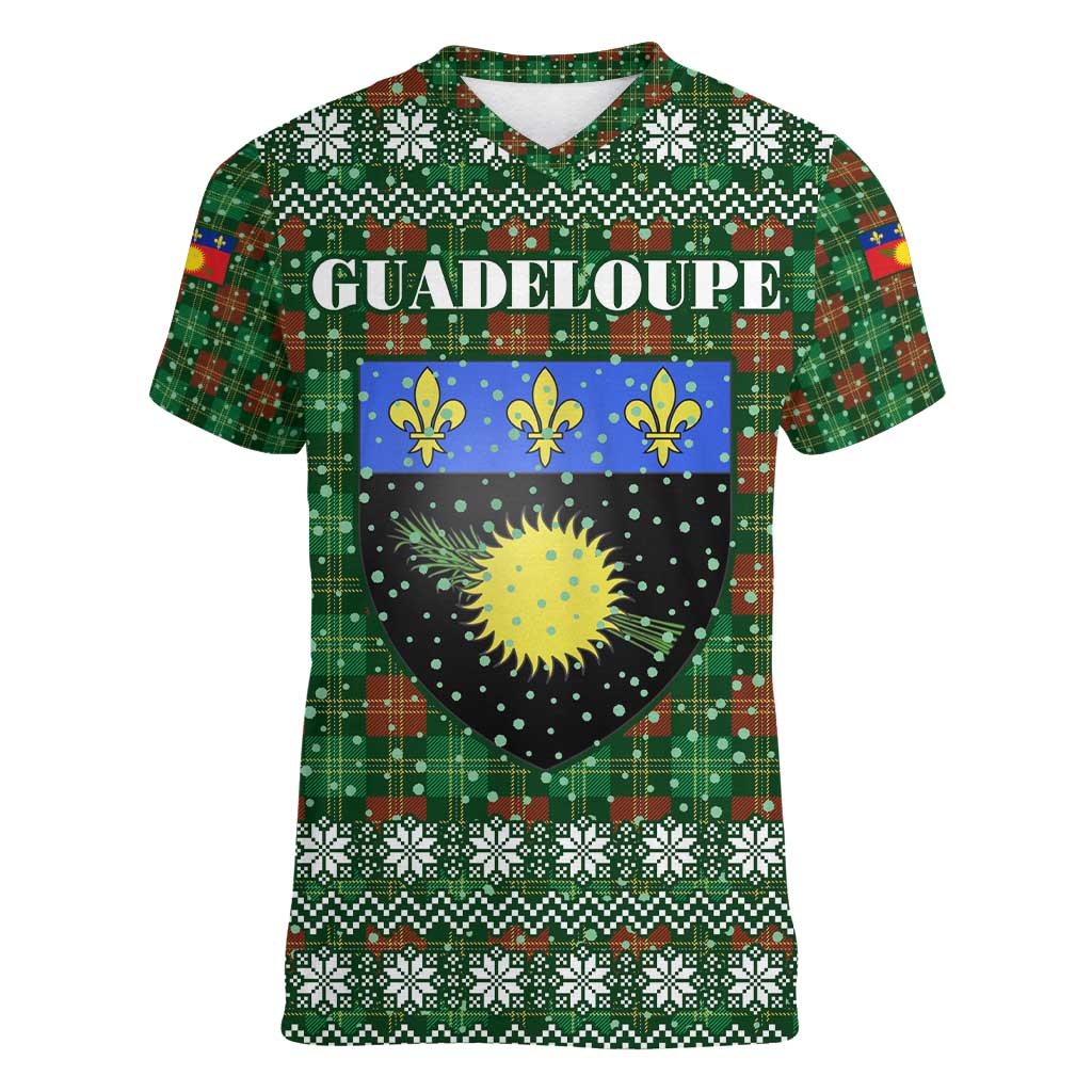 Guadeloupe Christmas Women V-Neck T-Shirt with Green-Red Plaid Design, Sun and Sugarcane Emblem, and Santa Sleigh Motif - Wonder Print Shop