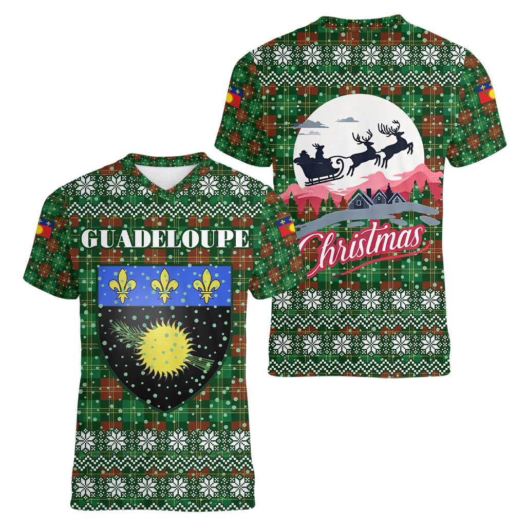 Guadeloupe Christmas Women V-Neck T-Shirt with Green-Red Plaid Design, Sun and Sugarcane Emblem, and Santa Sleigh Motif - Wonder Print Shop