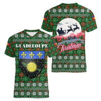 Guadeloupe Christmas Women V-Neck T-Shirt with Green-Red Plaid Design, Sun and Sugarcane Emblem, and Santa Sleigh Motif - Wonder Print Shop