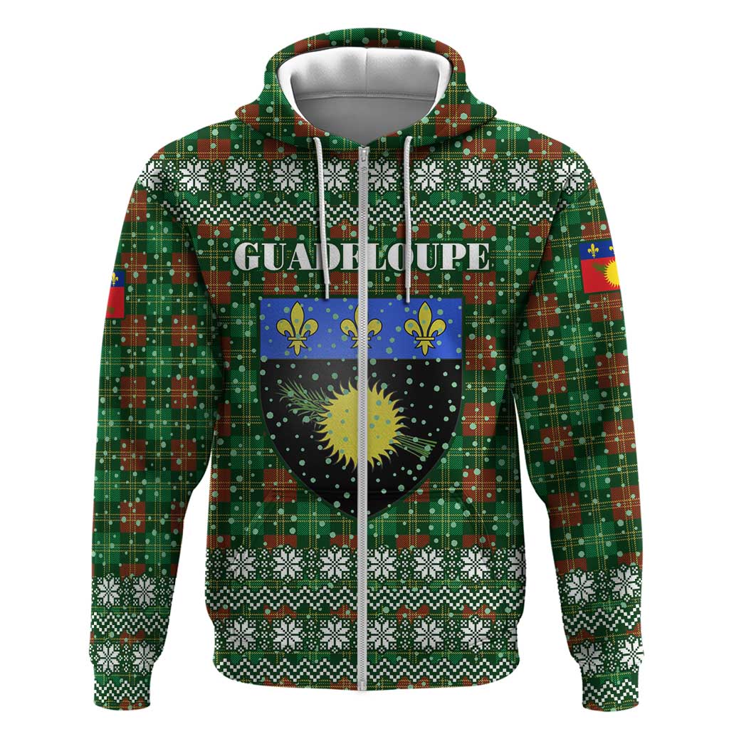 Guadeloupe Christmas Zip Hoodie with Green-Red Plaid Design, Sun and Sugarcane Emblem, and Santa Sleigh Motif - Wonder Print Shop