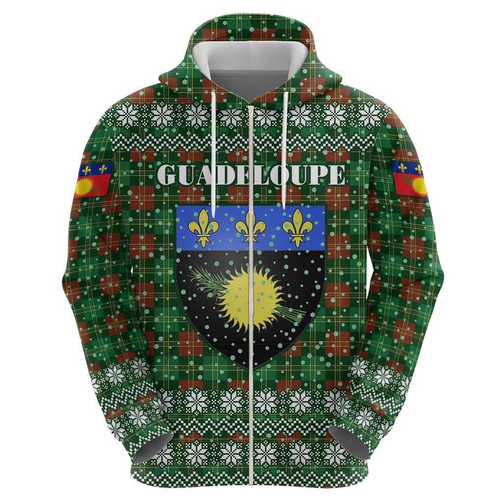 Guadeloupe Christmas Zip Hoodie with Green-Red Plaid Design, Sun and Sugarcane Emblem, and Santa Sleigh Motif - Wonder Print Shop