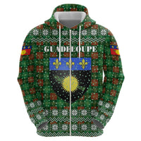 Guadeloupe Christmas Zip Hoodie with Green-Red Plaid Design, Sun and Sugarcane Emblem, and Santa Sleigh Motif - Wonder Print Shop