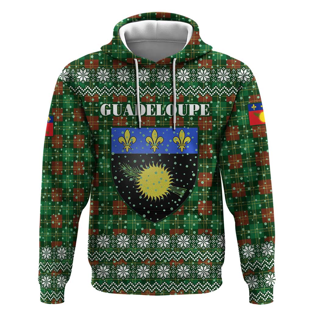 Guadeloupe Christmas Zip Hoodie with Green-Red Plaid Design, Sun and Sugarcane Emblem, and Santa Sleigh Motif - Wonder Print Shop