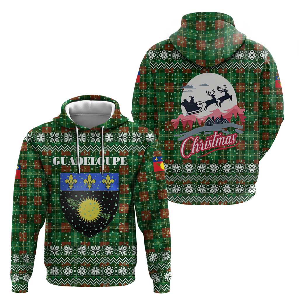 Guadeloupe Christmas Zip Hoodie with Green-Red Plaid Design, Sun and Sugarcane Emblem, and Santa Sleigh Motif - Wonder Print Shop