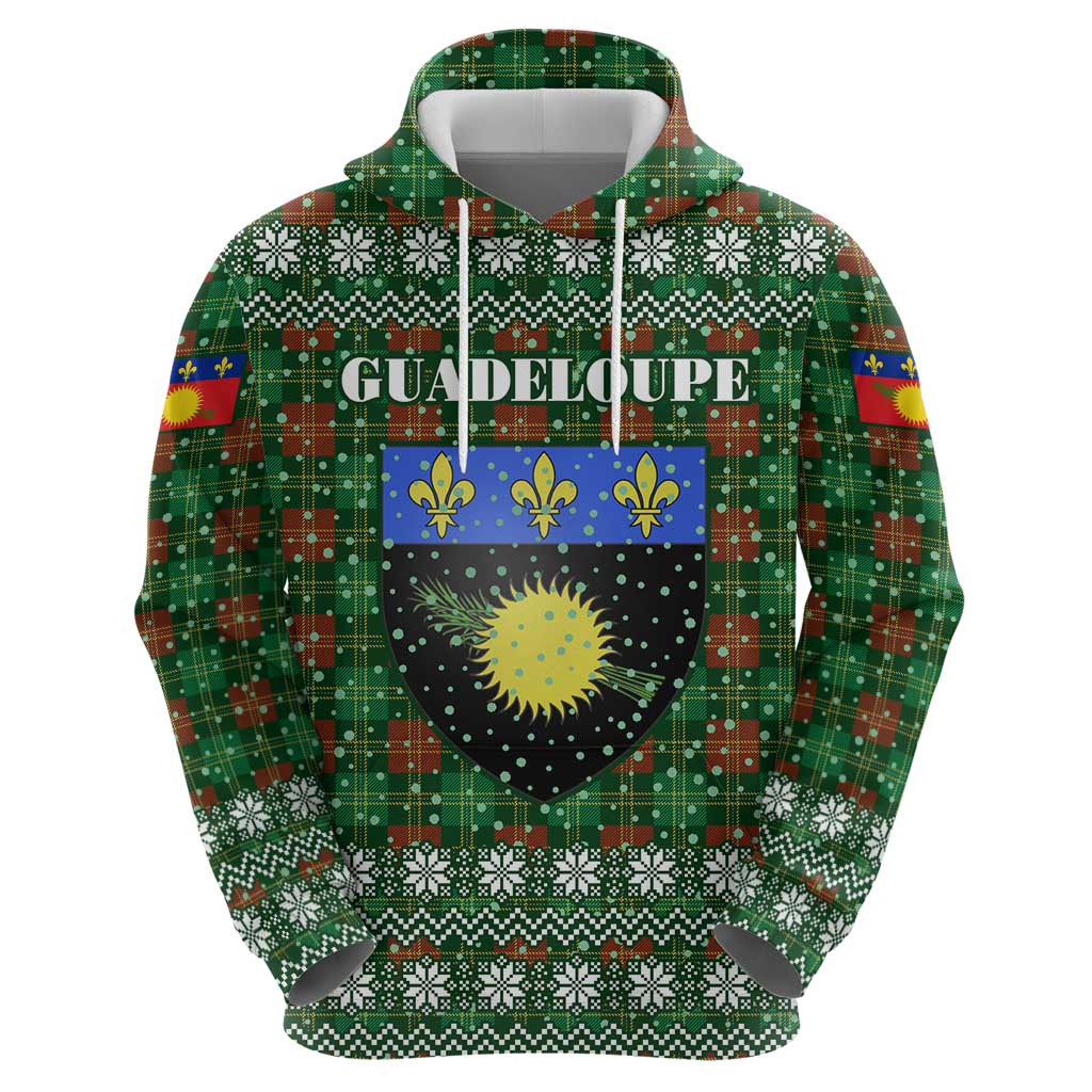 Guadeloupe Christmas Zip Hoodie with Green-Red Plaid Design, Sun and Sugarcane Emblem, and Santa Sleigh Motif - Wonder Print Shop