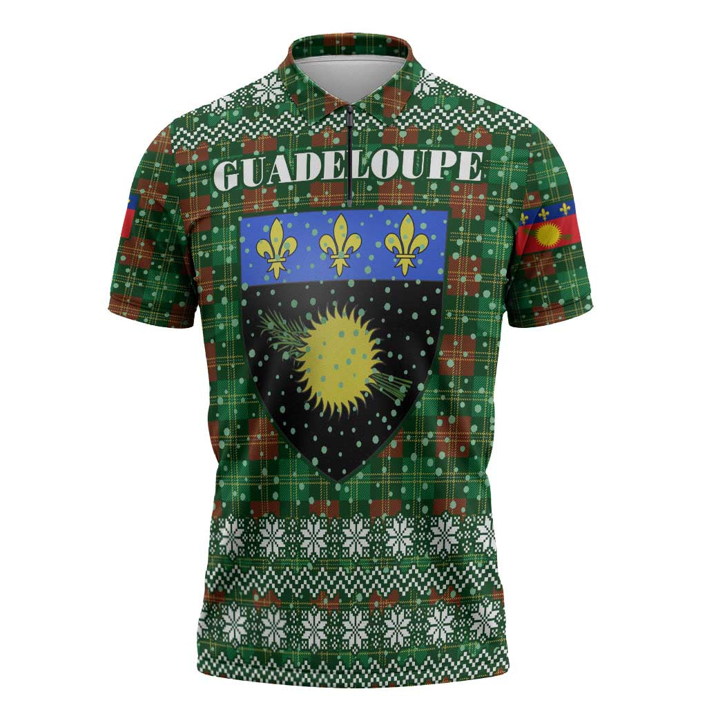 Guadeloupe Christmas Zipper Polo Shirt with Green-Red Plaid Design, Sun and Sugarcane Emblem, and Santa Sleigh Motif - Wonder Print Shop