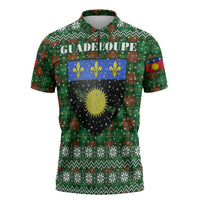 Guadeloupe Christmas Zipper Polo Shirt with Green-Red Plaid Design, Sun and Sugarcane Emblem, and Santa Sleigh Motif - Wonder Print Shop