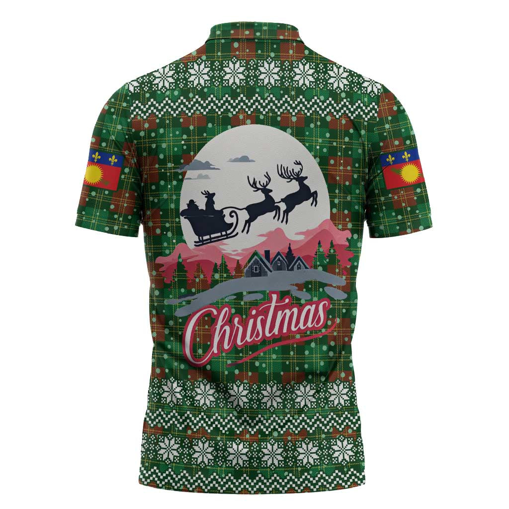 Guadeloupe Christmas Zipper Polo Shirt with Green-Red Plaid Design, Sun and Sugarcane Emblem, and Santa Sleigh Motif - Wonder Print Shop