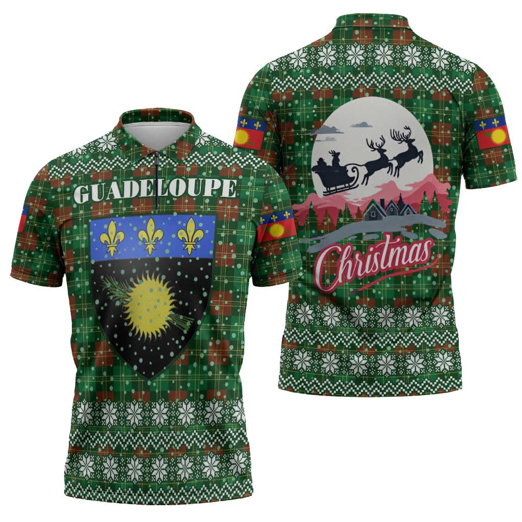 Guadeloupe Christmas Zipper Polo Shirt with Green-Red Plaid Design, Sun and Sugarcane Emblem, and Santa Sleigh Motif - Wonder Print Shop