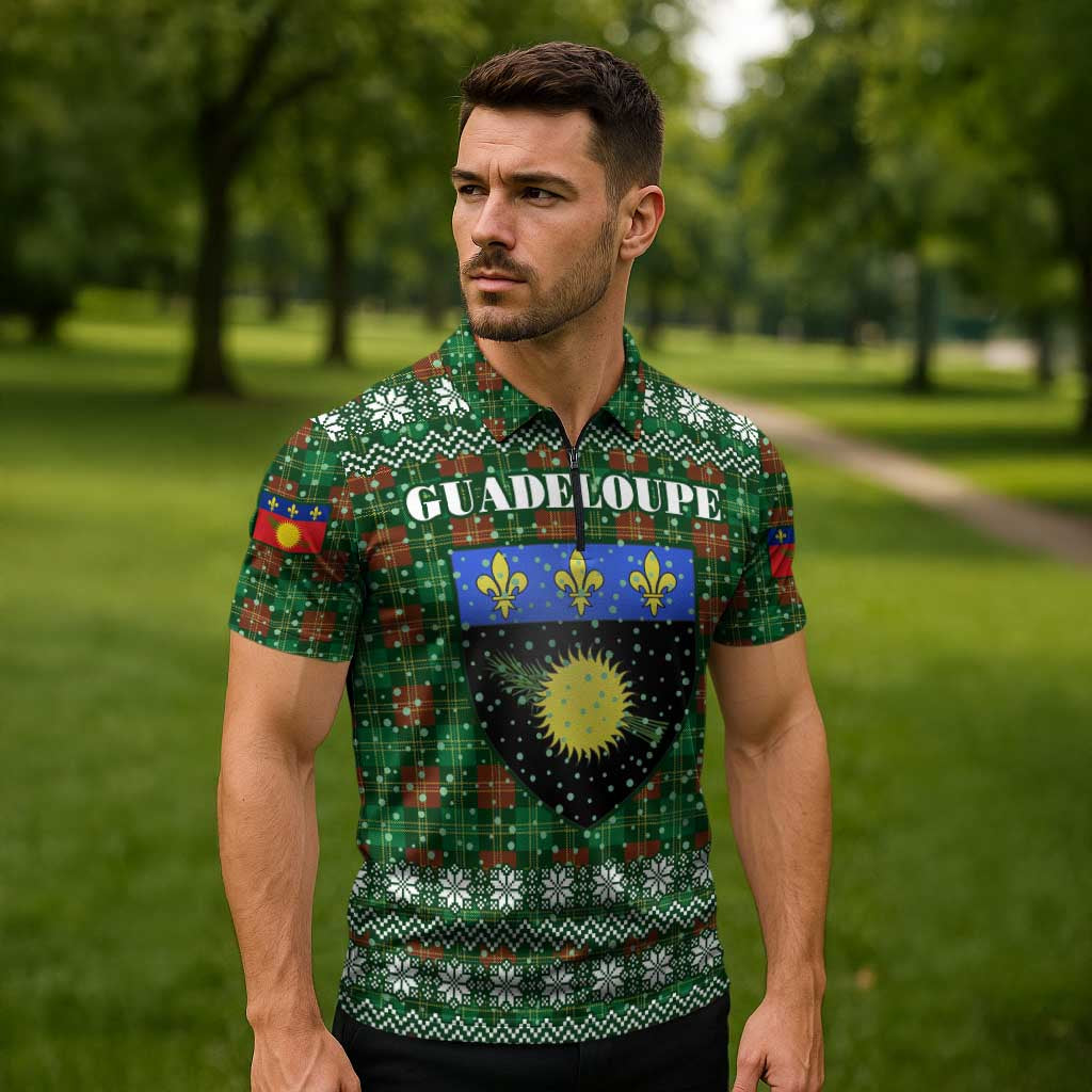 Guadeloupe Christmas Zipper Polo Shirt with Green-Red Plaid Design, Sun and Sugarcane Emblem, and Santa Sleigh Motif - Wonder Print Shop