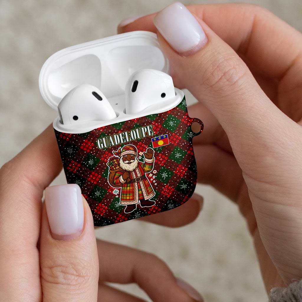 Guadeloupe Christmas AirPods Case with Green-Red Plaid Design, Island Map, and Traditional Santa Motif - Wonder Print Shop