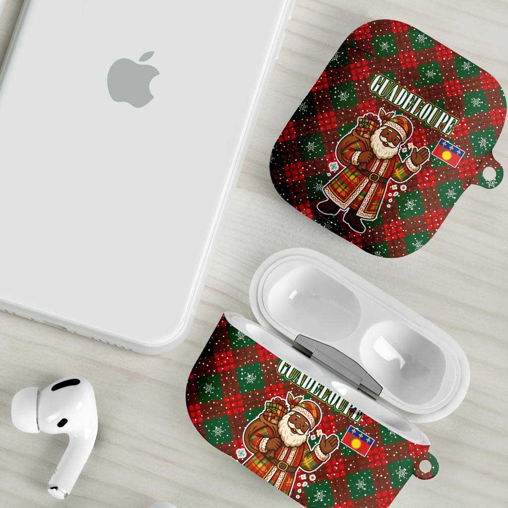 Guadeloupe Christmas AirPods Case with Green-Red Plaid Design, Island Map, and Traditional Santa Motif - Wonder Print Shop