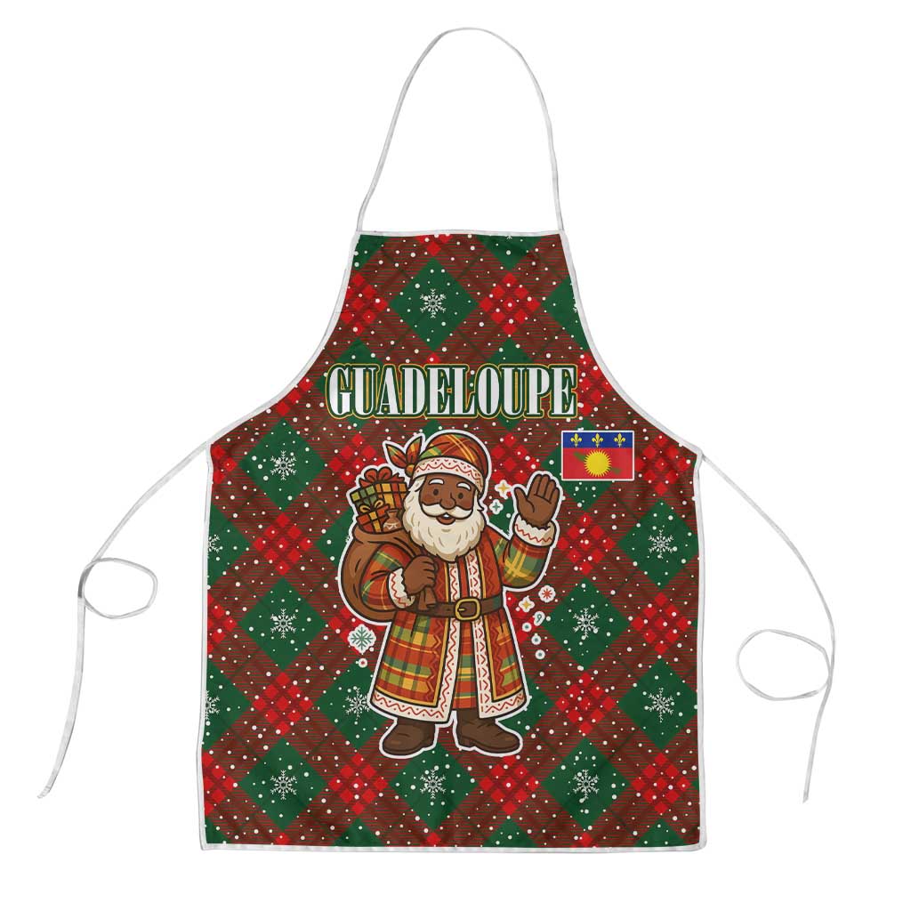 Guadeloupe Christmas Apron with Green-Red Plaid Design, Island Map, and Traditional Santa Motif - Wonder Print Shop
