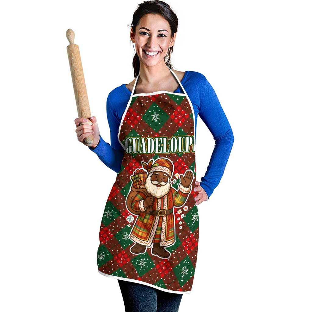 Guadeloupe Christmas Apron with Green-Red Plaid Design, Island Map, and Traditional Santa Motif - Wonder Print Shop