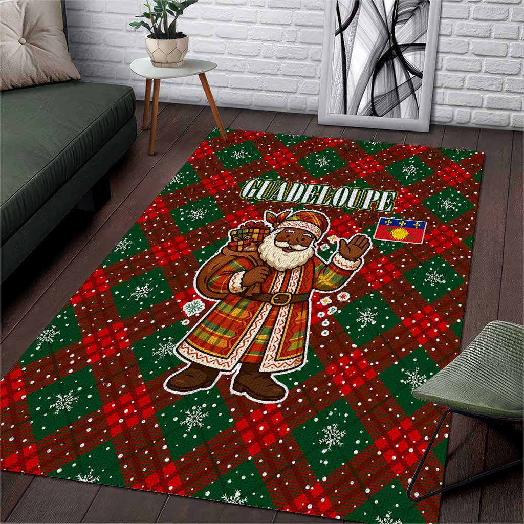 Guadeloupe Christmas Area Rug with Green-Red Plaid Design, Island Map, and Traditional Santa Motif - Wonder Print Shop