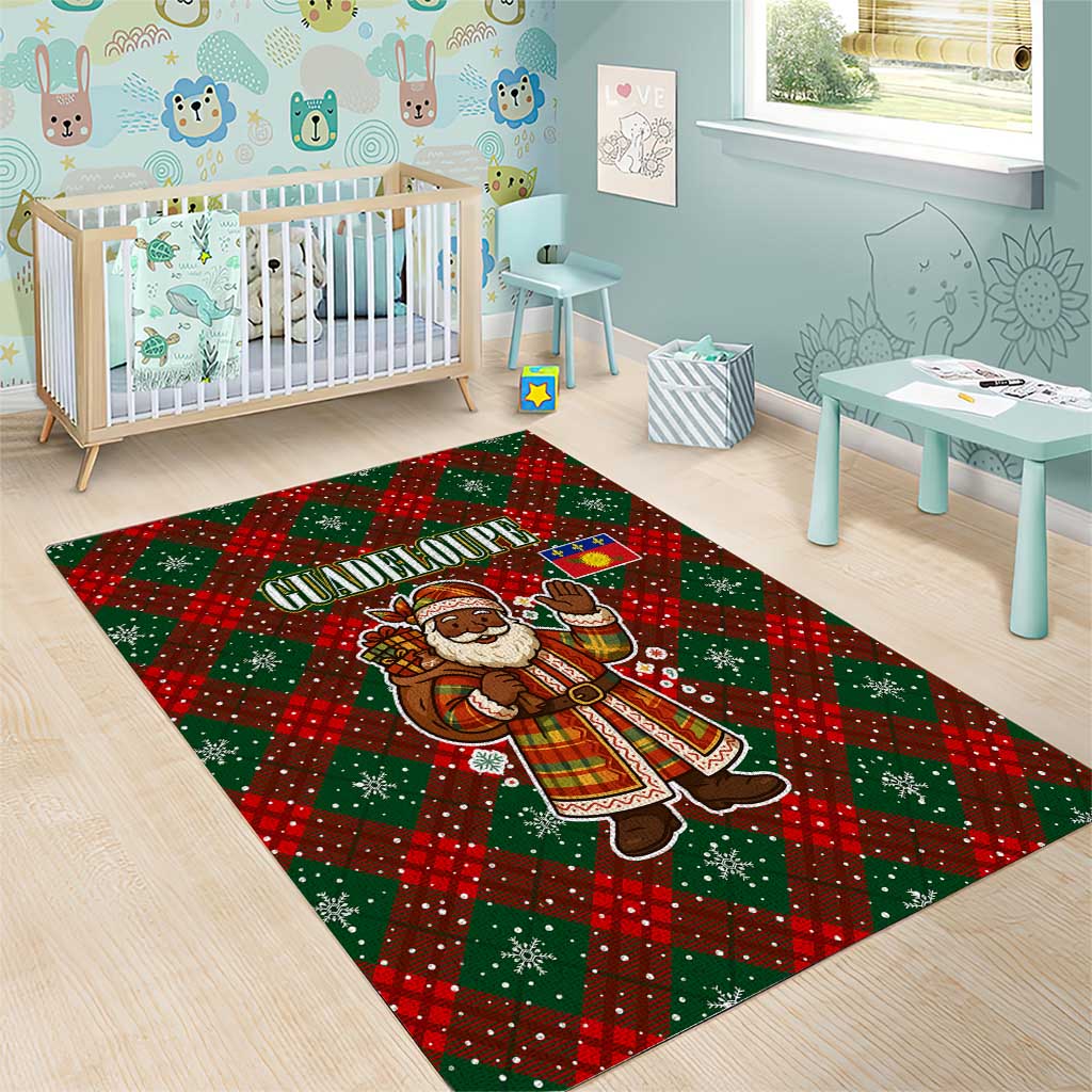 Guadeloupe Christmas Area Rug with Green-Red Plaid Design, Island Map, and Traditional Santa Motif - Wonder Print Shop