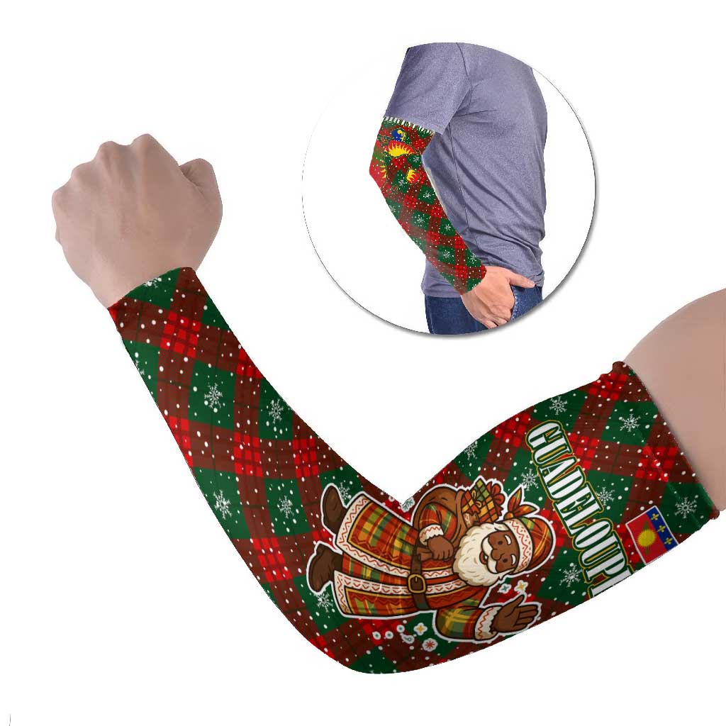 Guadeloupe Christmas Arm Sleeves with Green-Red Plaid Design, Island Map, and Traditional Santa Motif - Wonder Print Shop