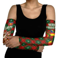 Guadeloupe Christmas Arm Sleeves with Green-Red Plaid Design, Island Map, and Traditional Santa Motif - Wonder Print Shop
