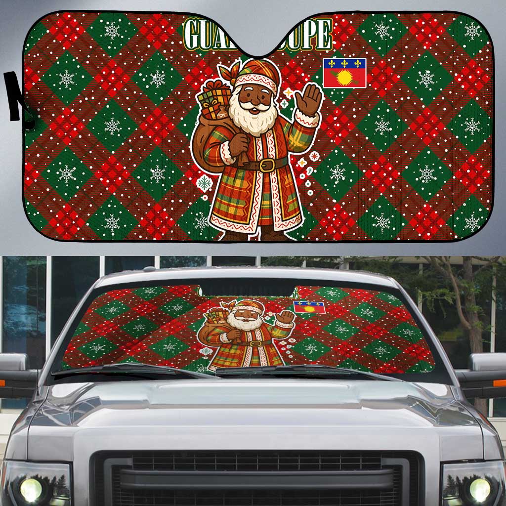 Guadeloupe Christmas Auto Sun Shade with Green-Red Plaid Design, Island Map, and Traditional Santa Motif - Wonder Print Shop