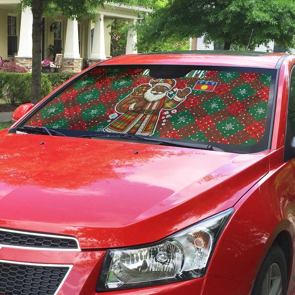 Guadeloupe Christmas Auto Sun Shade with Green-Red Plaid Design, Island Map, and Traditional Santa Motif - Wonder Print Shop