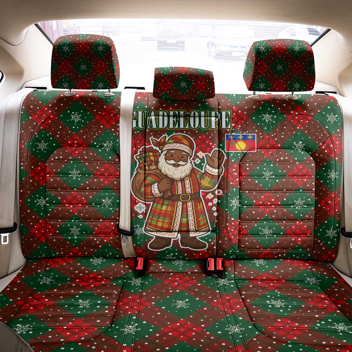 Guadeloupe Christmas Back Car Seat Cover with Green-Red Plaid Design, Island Map, and Traditional Santa Motif - Wonder Print Shop