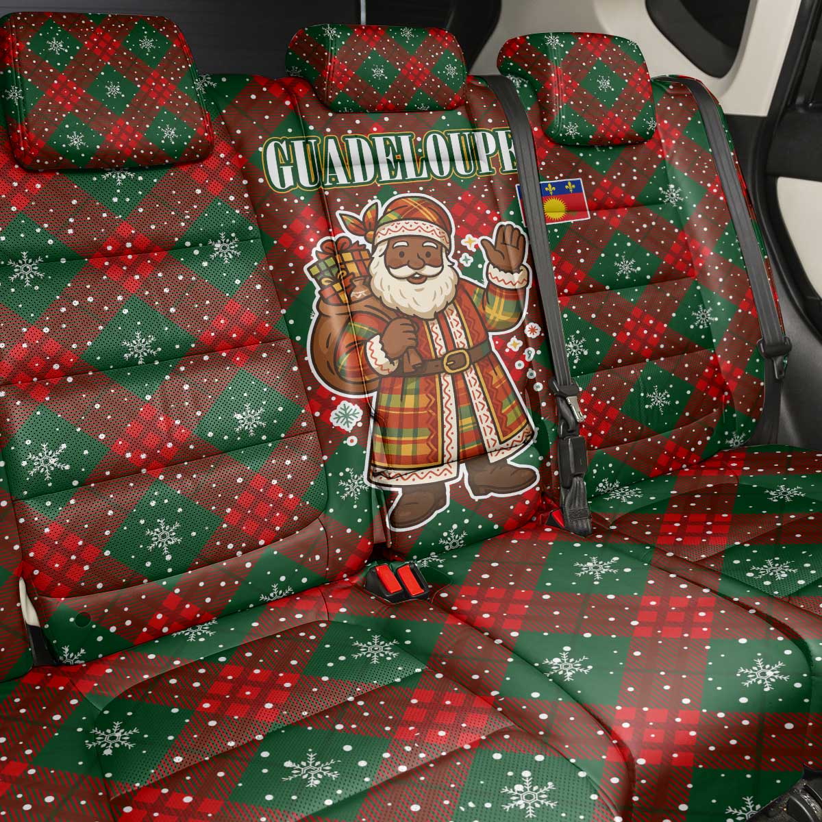 Guadeloupe Christmas Back Car Seat Cover with Green-Red Plaid Design, Island Map, and Traditional Santa Motif - Wonder Print Shop