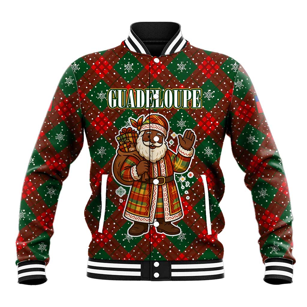 Guadeloupe Christmas Baseball Jacket with Green-Red Plaid Design, Island Map, and Traditional Santa Motif - Wonder Print Shop