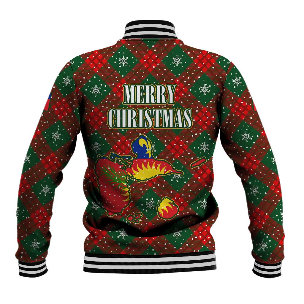 Guadeloupe Christmas Baseball Jacket with Green-Red Plaid Design, Island Map, and Traditional Santa Motif - Wonder Print Shop