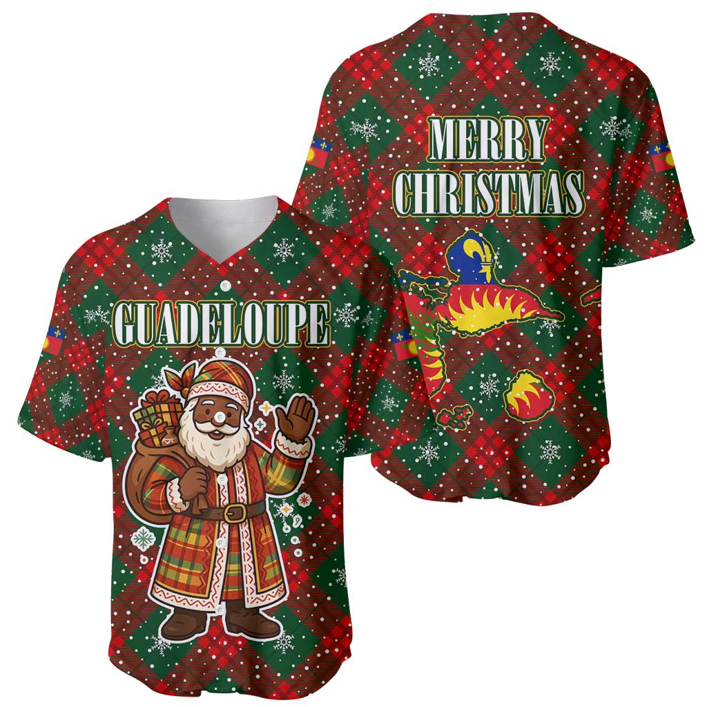 Guadeloupe Christmas Baseball Jersey with Green-Red Plaid Design, Island Map, and Traditional Santa Motif - Wonder Print Shop